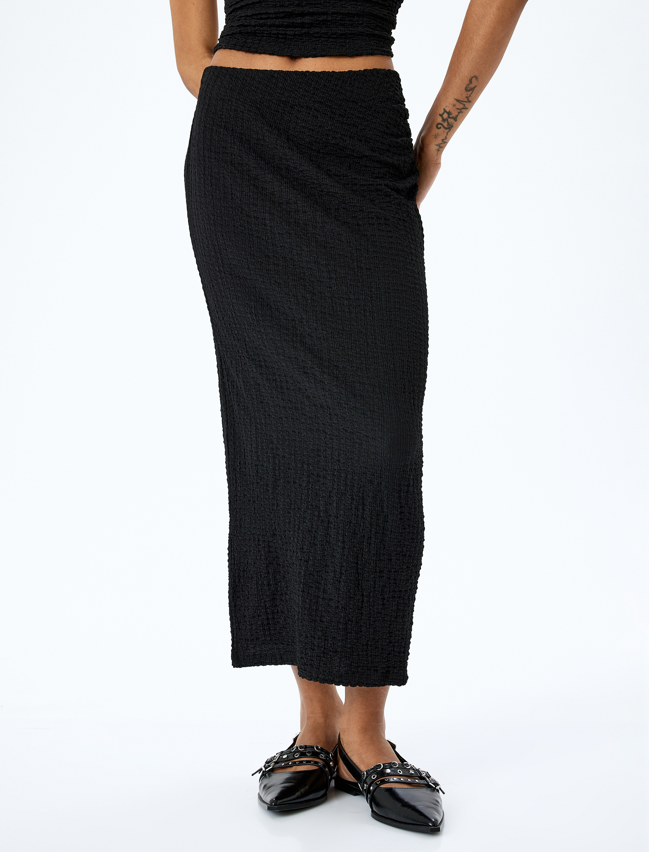 Slim Fit Dokulu Drape Detaylı Yüksek Bel Kalem Etek