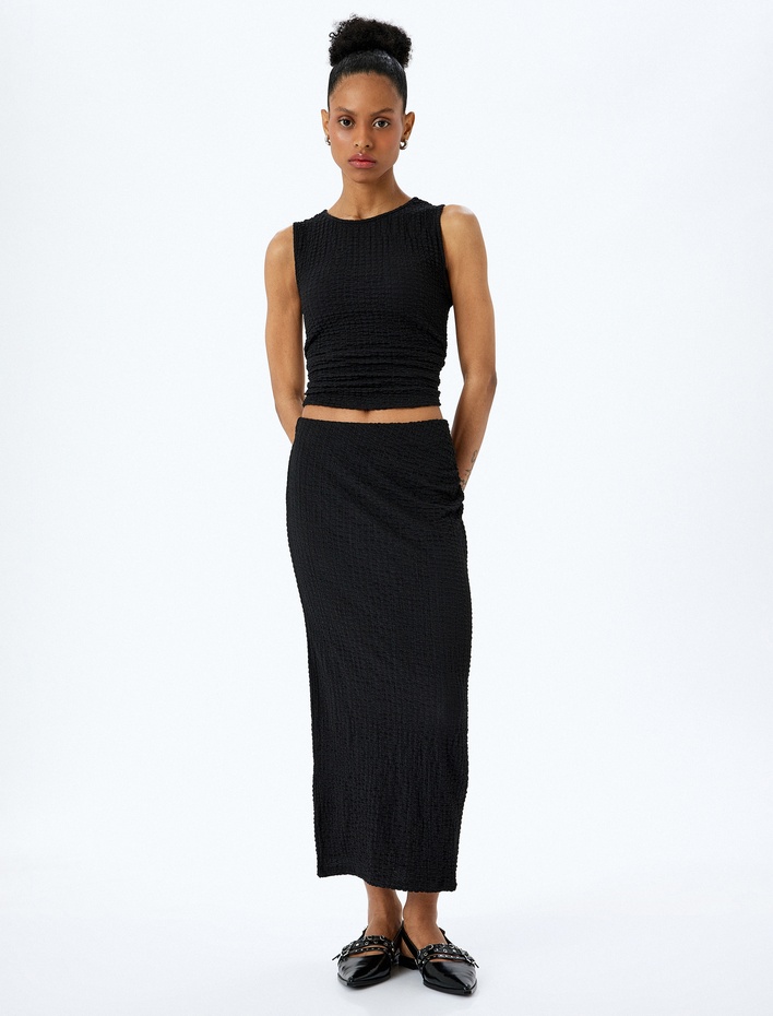  Slim Fit Dokulu Drape Detaylı Yüksek Bel Kalem Etek