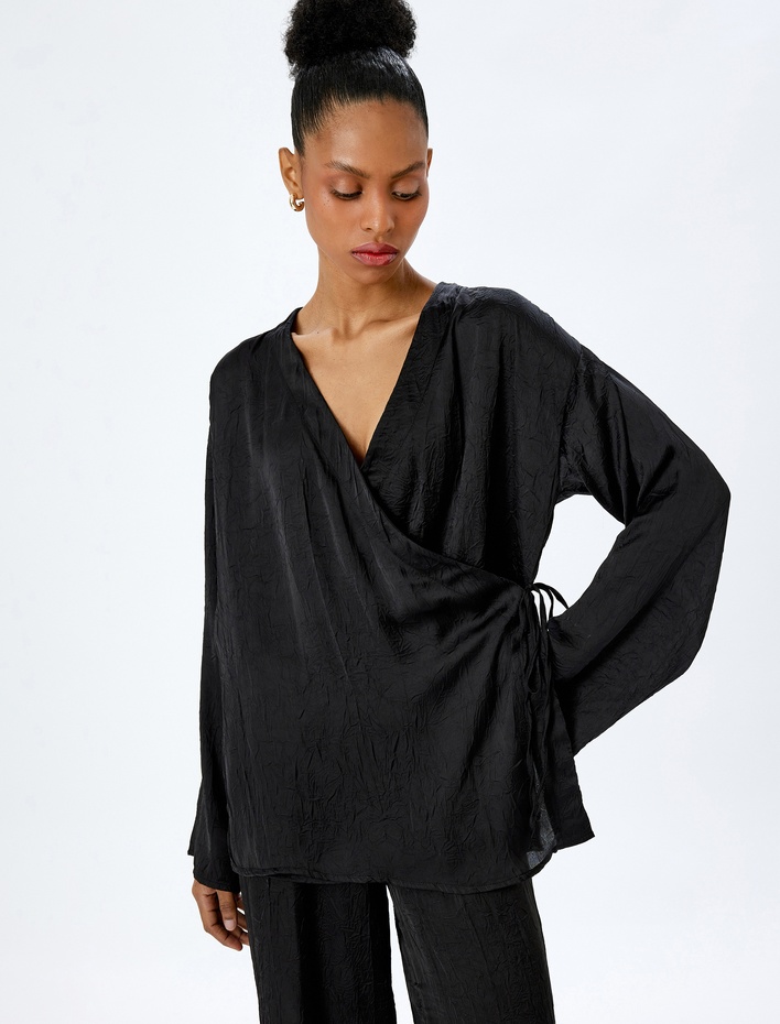  Uzun Kollu Kruvaze Saten Kimono Ceket