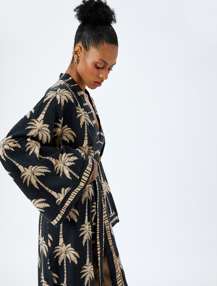  Viskon Pamuk Karışımlı Palmiye Desenli Kemerli Uzun Kimono