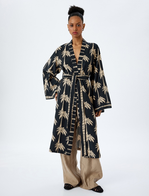 Viskon Pamuk Karışımlı Palmiye Desenli Kemerli Uzun Kimono_2