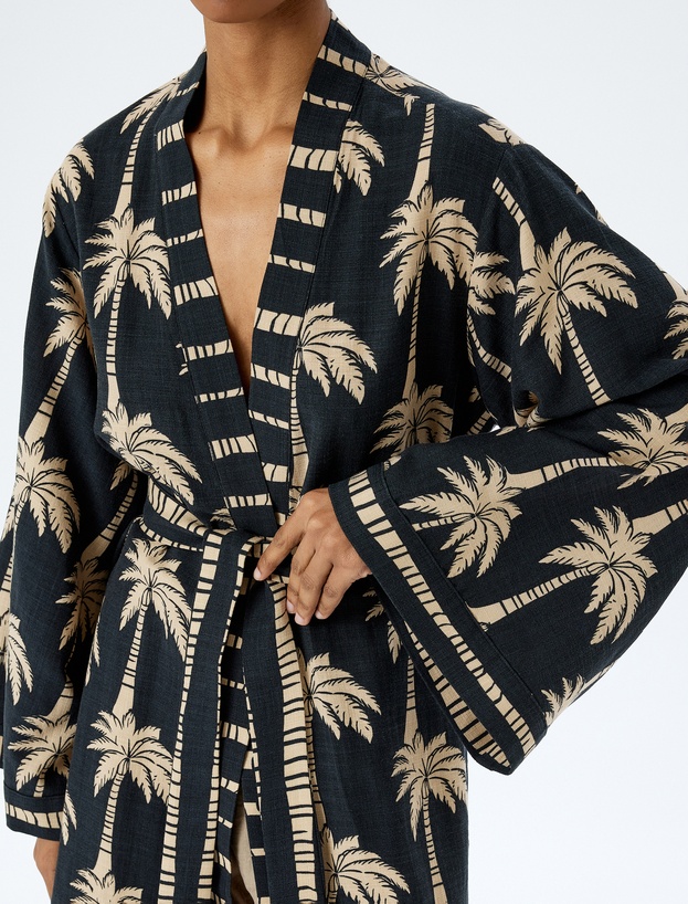Viskon Pamuk Karışımlı Palmiye Desenli Kemerli Uzun Kimono_4