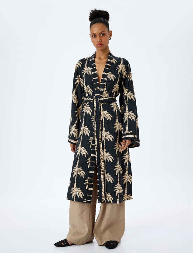Viskon Pamuk Karışımlı Palmiye Desenli Kemerli Uzun Kimono_0