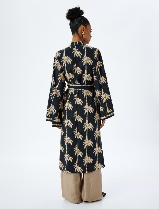 Viskon Pamuk Karışımlı Palmiye Desenli Kemerli Uzun Kimono_3