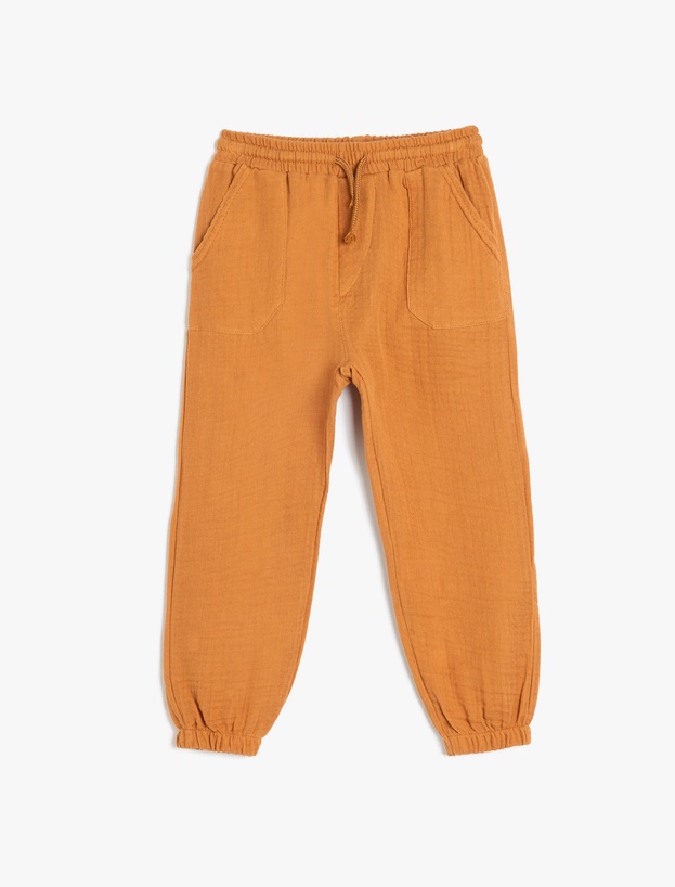 Pamuklu Beli Bağlamalı Cep Detaylı Basic Müslin Jogger Pantolon_0