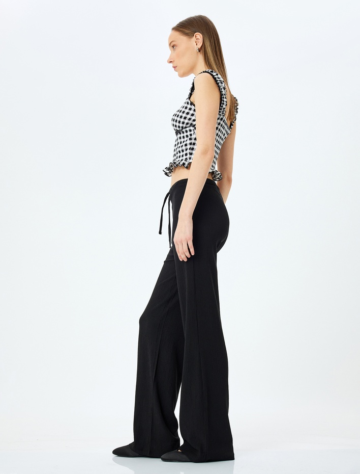  Beli Bağcıklı Yüksek Bel Bol Paça Bürümcük Rahat Kalıp Pantolon