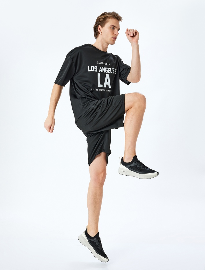  Bisiklet Yaka Yarım Kollu Slogan Baskılı Oversize Spor Tişört