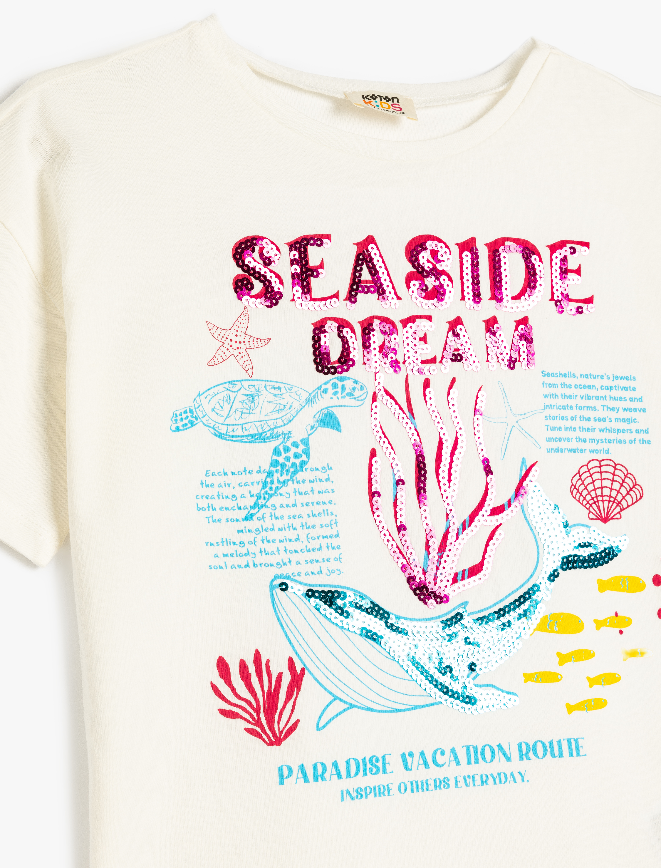  Kız Çocuk Pullu Payetli Baskı Detaylı Bisiklet Yaka Kısa Kollu Pamuklu Tişört