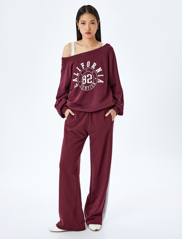 Kolej Baskılı Omzu Açık Kayık Yaka Oversize Sweatshirt_1