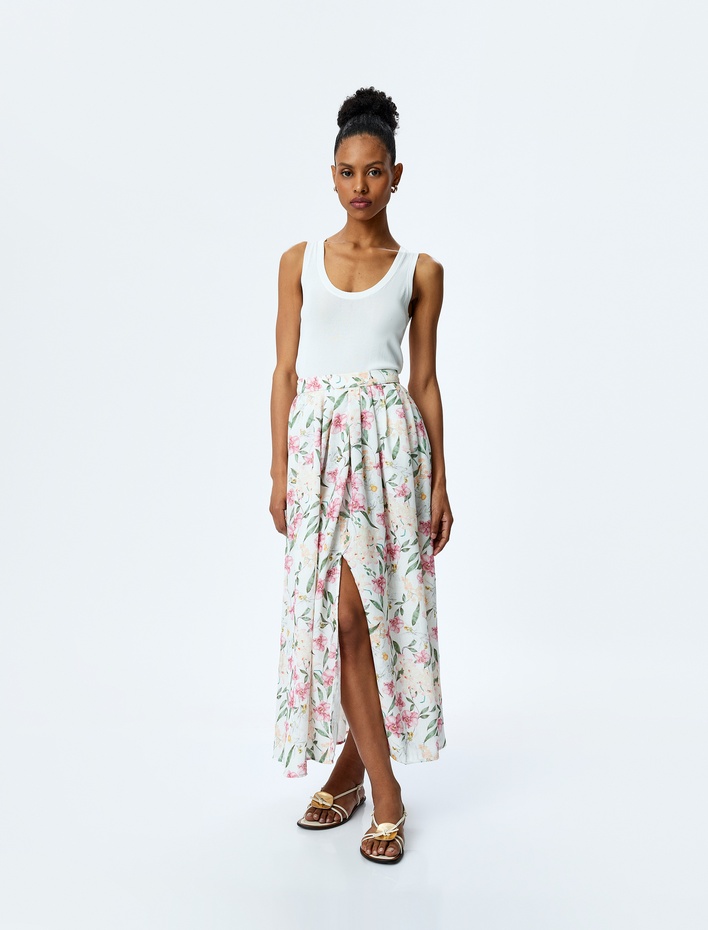  Yırtmaç Detaylı Cepli Yüksek Bel Uzun Kloş Çiçekli Etek