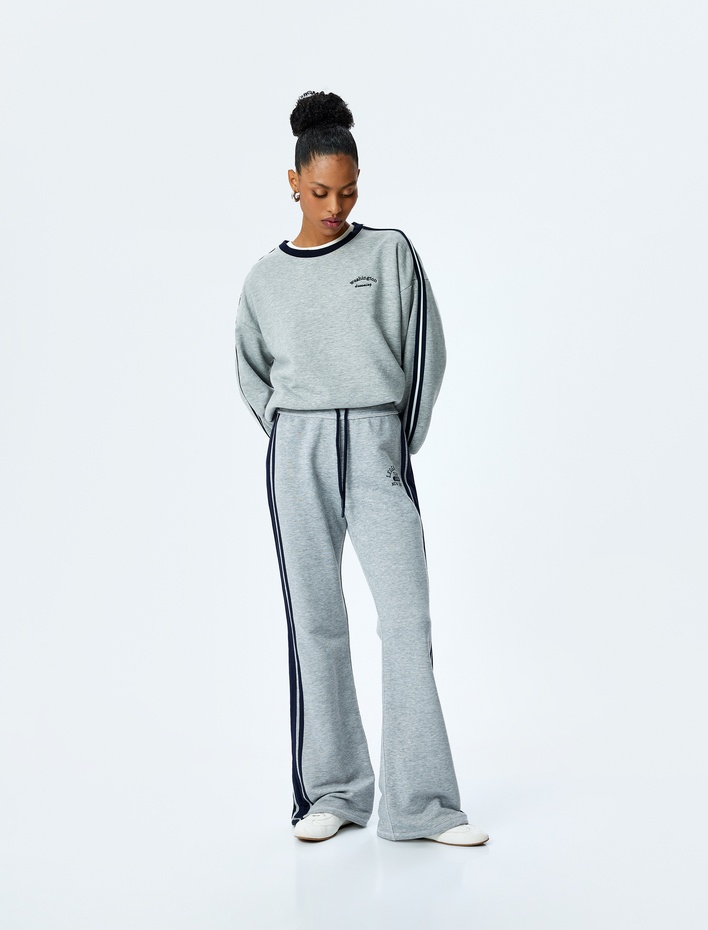  Nakış Detaylı Çizgili Bisiklet Yaka Uzun Kollu Sweatshirt