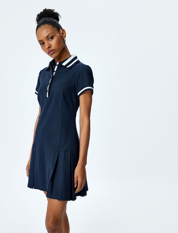  Pile Detaylı Kısa Kollu Polo Yaka Mini Elbise