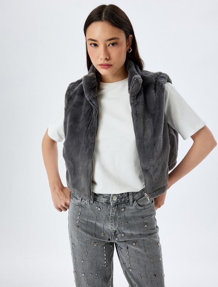  Crop Fermuarlı Suni Kürk Kolsuz Yelek