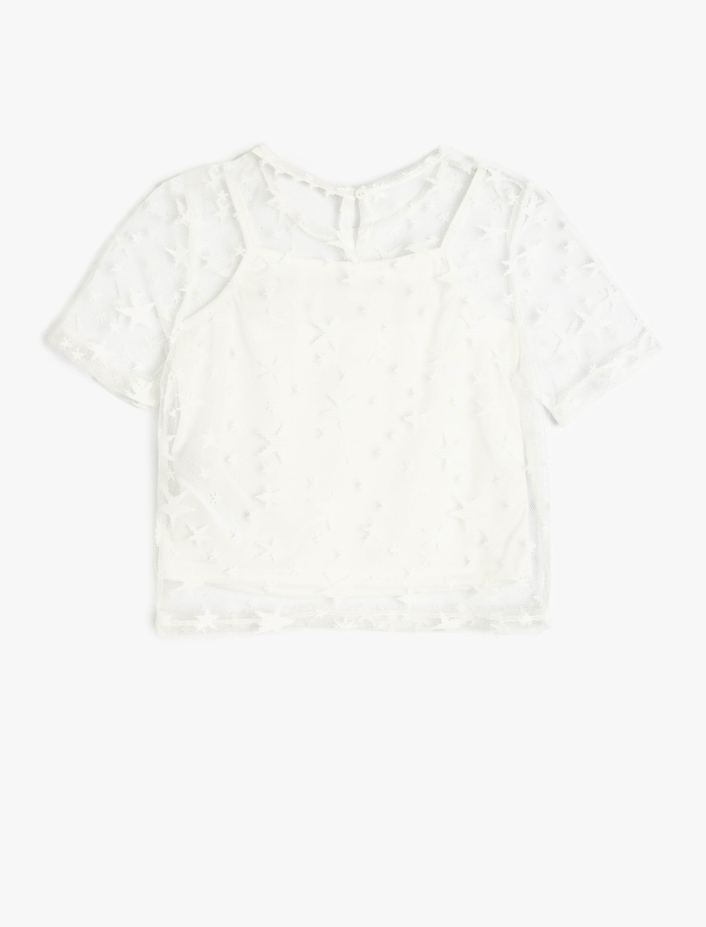  Kız Çocuk Dantel Detaylı Bisiklet Yaka Kısa Kollu Bluz