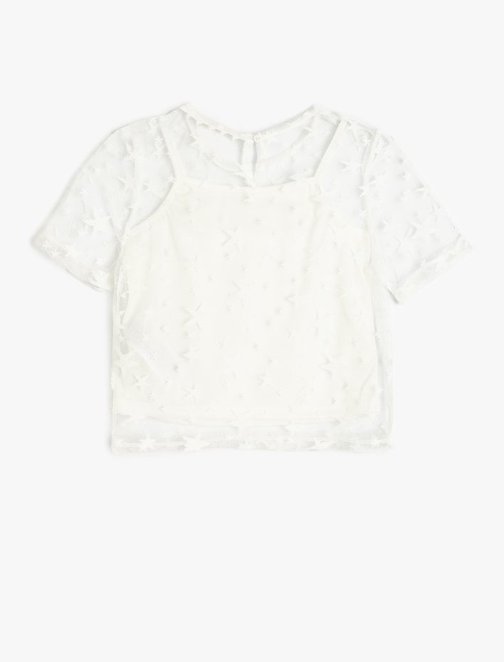 Kız Çocuk Dantel Detaylı Bisiklet Yaka Kısa Kollu Bluz