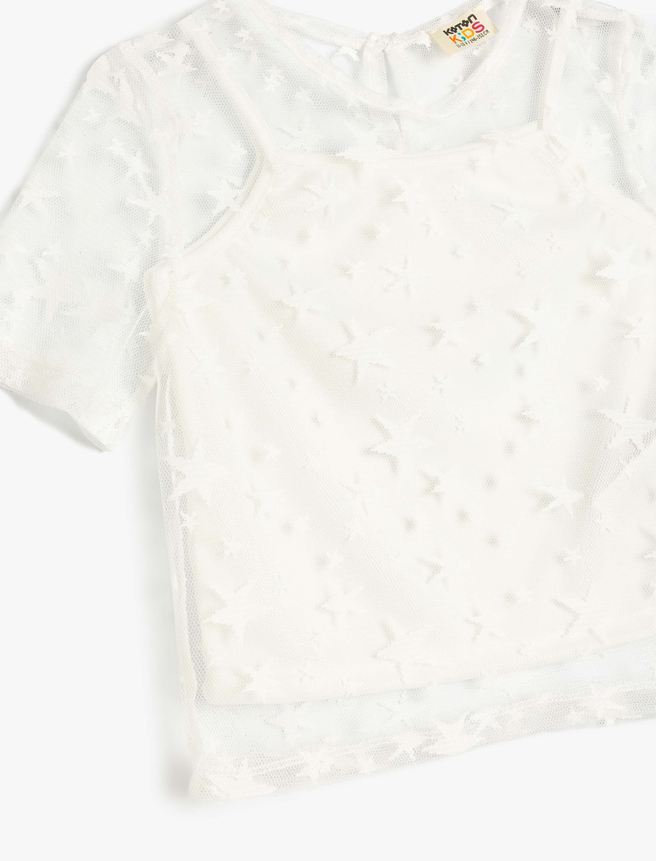  Kız Çocuk Dantel Detaylı Bisiklet Yaka Kısa Kollu Bluz