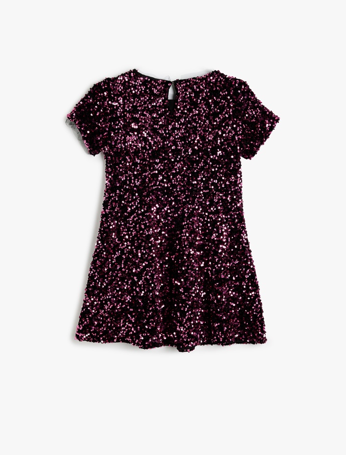 Kız Çocuk Pullu Payetli Yuvarlak Yaka Kısa Kollu Elbise