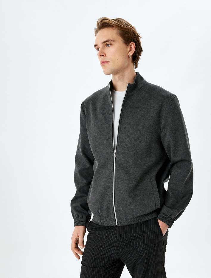  Fermuarlı Viskon Karışımlı Cep Detaylı Pike Kumaş Dik Yaka Ceket