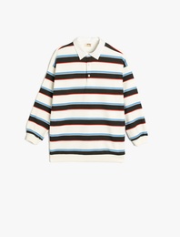 Çizgili Uzun Kollu Düğme Detaylı Polo Yaka Sweatshirt