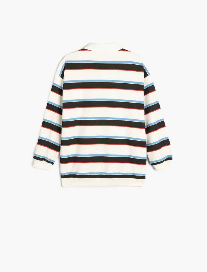 Kız Çocuk Çizgili Uzun Kollu Düğme Detaylı Polo Yaka Sweatshirt
