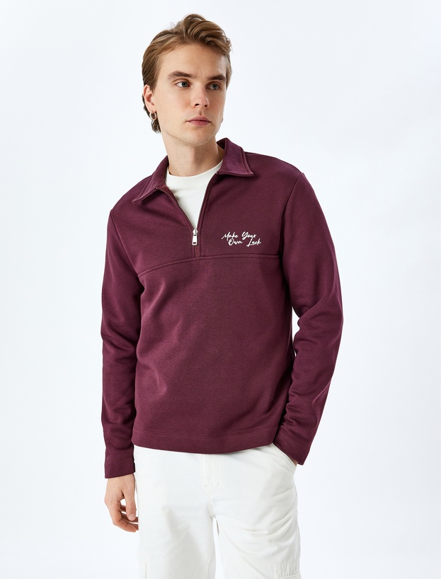 Slogan İşlemeli Pamuk Karışımlı Dikiş Detaylı Yarım Fermuarlı Sweatshirt_2