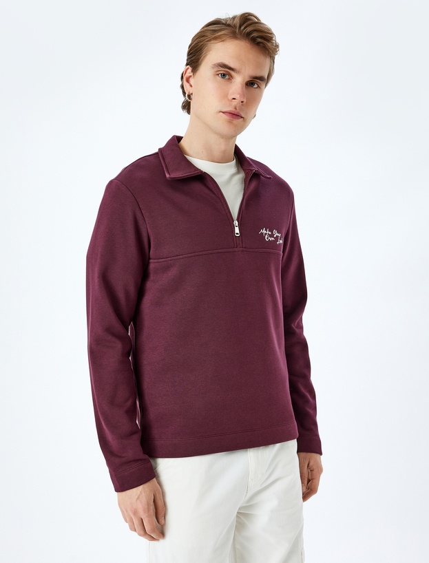 Slogan İşlemeli Pamuk Karışımlı Dikiş Detaylı Yarım Fermuarlı Sweatshirt_0