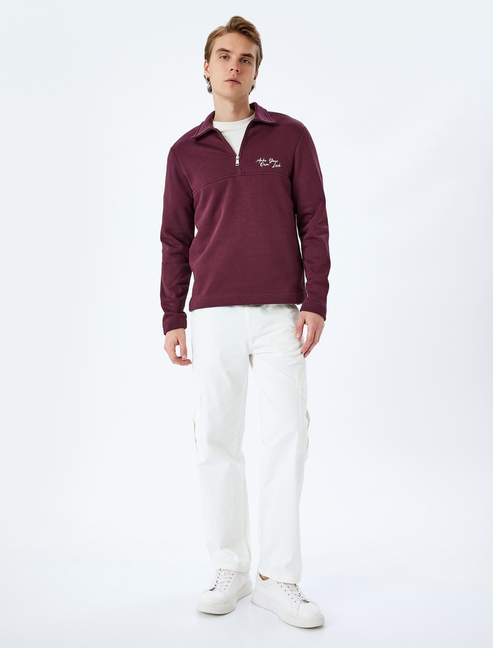  Slogan İşlemeli Pamuk Karışımlı Şardonlu Dikiş Detaylı Yarım Fermuarlı Sweatshirt