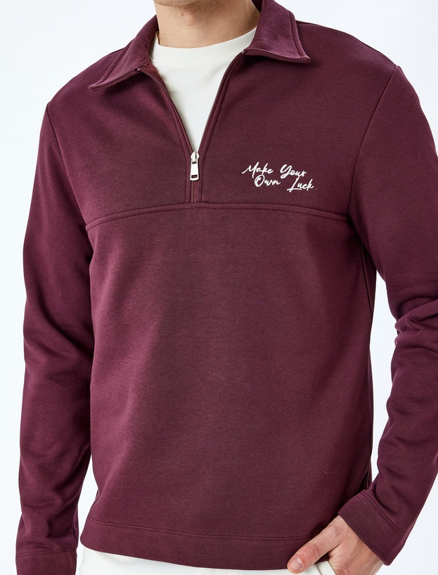 Slogan İşlemeli Pamuk Karışımlı Dikiş Detaylı Yarım Fermuarlı Sweatshirt_4