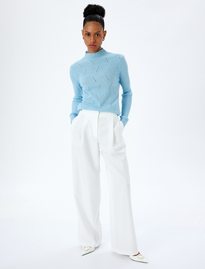  Dik Yaka Uzun Kollu Ajurlu Triko Kazak