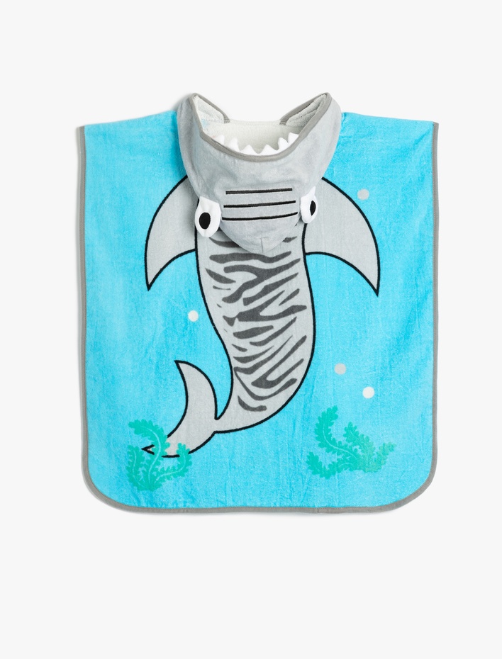 Erkek Çocuk Pamuklu Köpek Balığı Baskılı Kapşonlu Panço Havlu