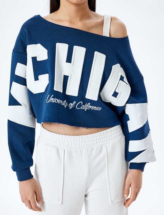 Slogan Baskılı Kayık Yaka Uzun Kollu Crop Sweatshirt_4