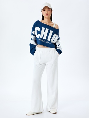 Slogan Baskılı Kayık Yaka Uzun Kollu Crop Sweatshirt_1
