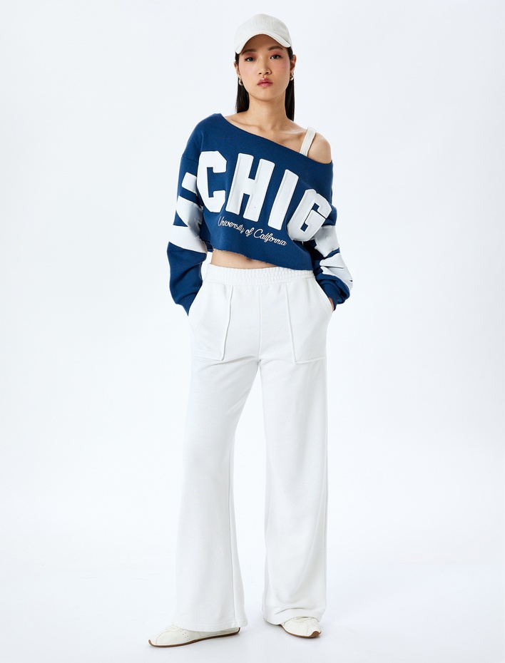  Şardonlu Slogan Baskılı Kayık Yaka Uzun Kollu Crop Sweatshirt