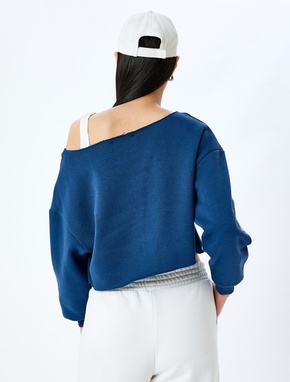Slogan Baskılı Kayık Yaka Uzun Kollu Crop Sweatshirt_3