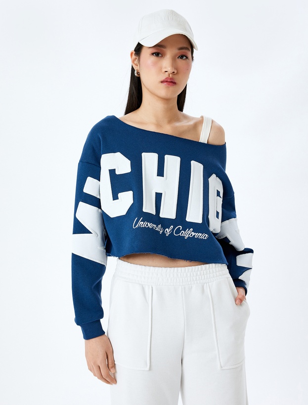 Slogan Baskılı Kayık Yaka Uzun Kollu Crop Sweatshirt_2