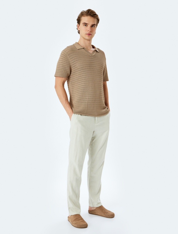  Viskon Karışımlı Polo V Yaka Dokulu Kısa Kollu Triko Tişört