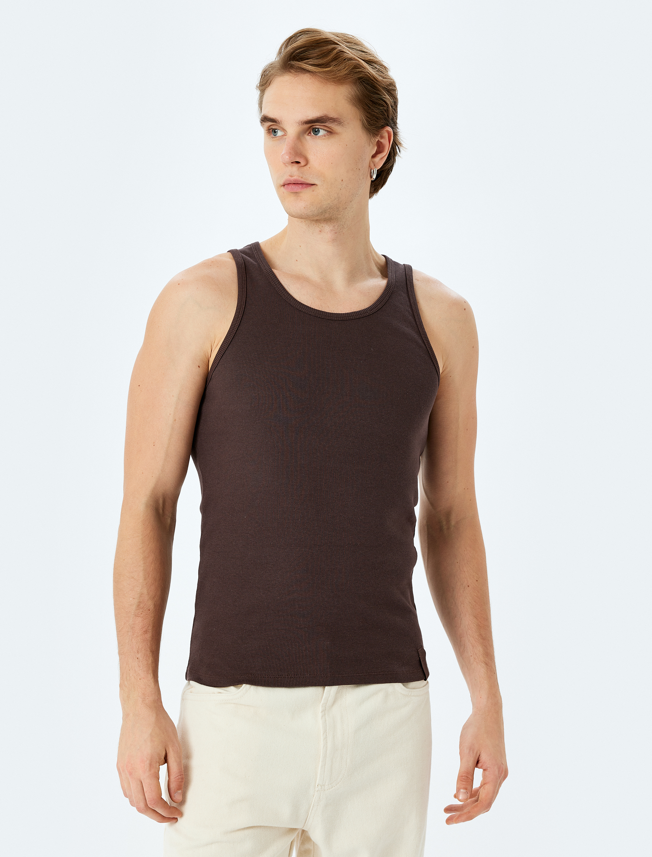   Bisiklet Yaka Slim Fit Kolsuz Fitilli Basic Atlet