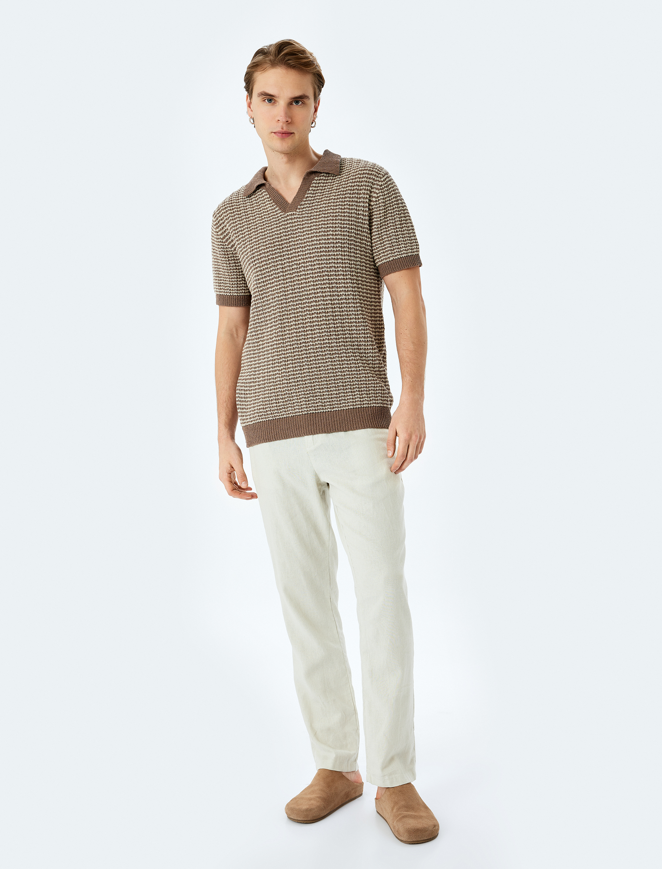   Pamuk Karışımlı Polo V Yaka Çizgili Kısa Kollu Triko Tişört