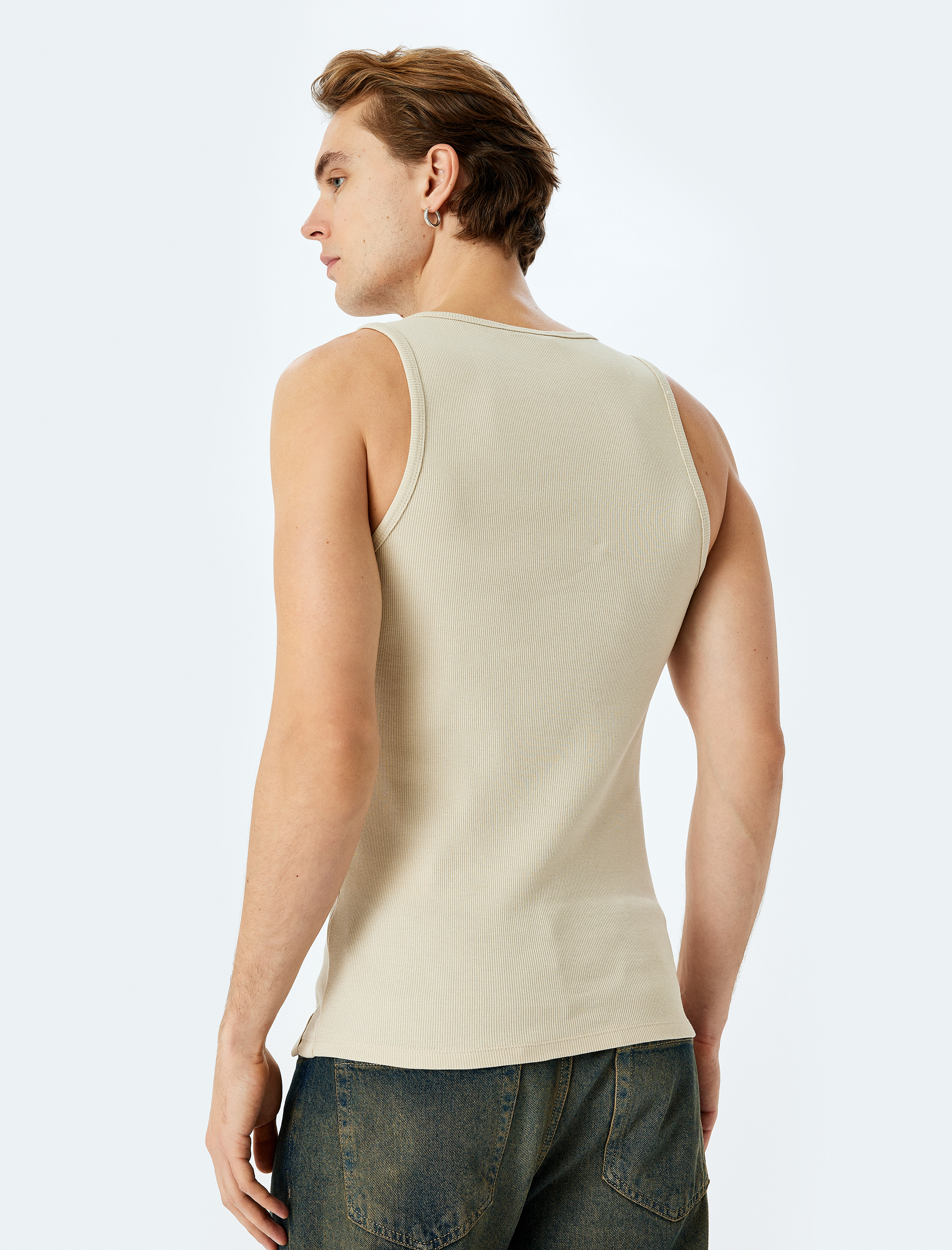   Bisiklet Yaka Slim Fit Kolsuz Fitilli Basic Atlet