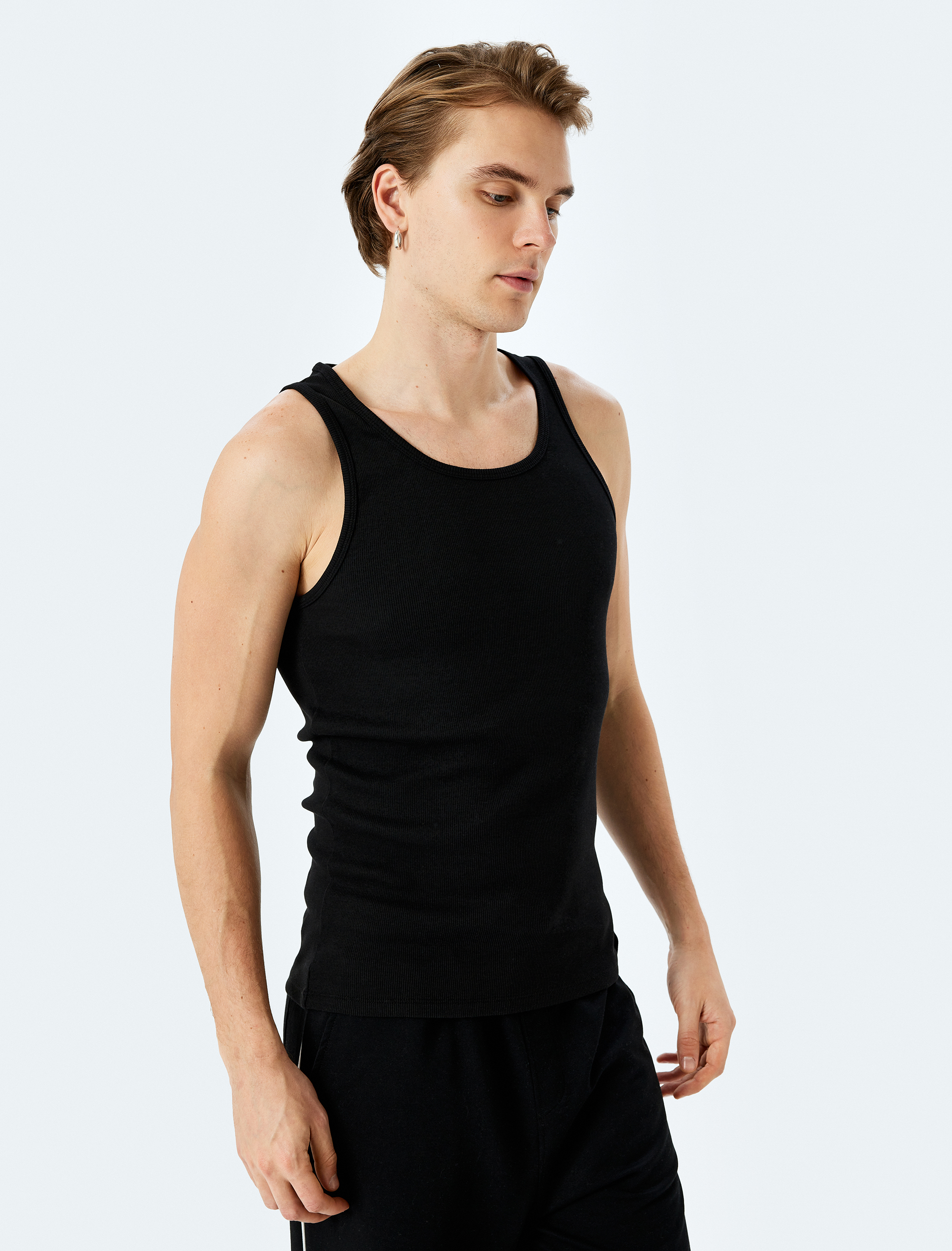   Bisiklet Yaka Slim Fit Kolsuz Fitilli Basic Atlet