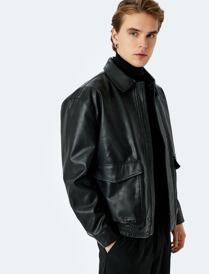  Uzun Kollu Kapaklı Cep Detaylı Suni Deri Ceket