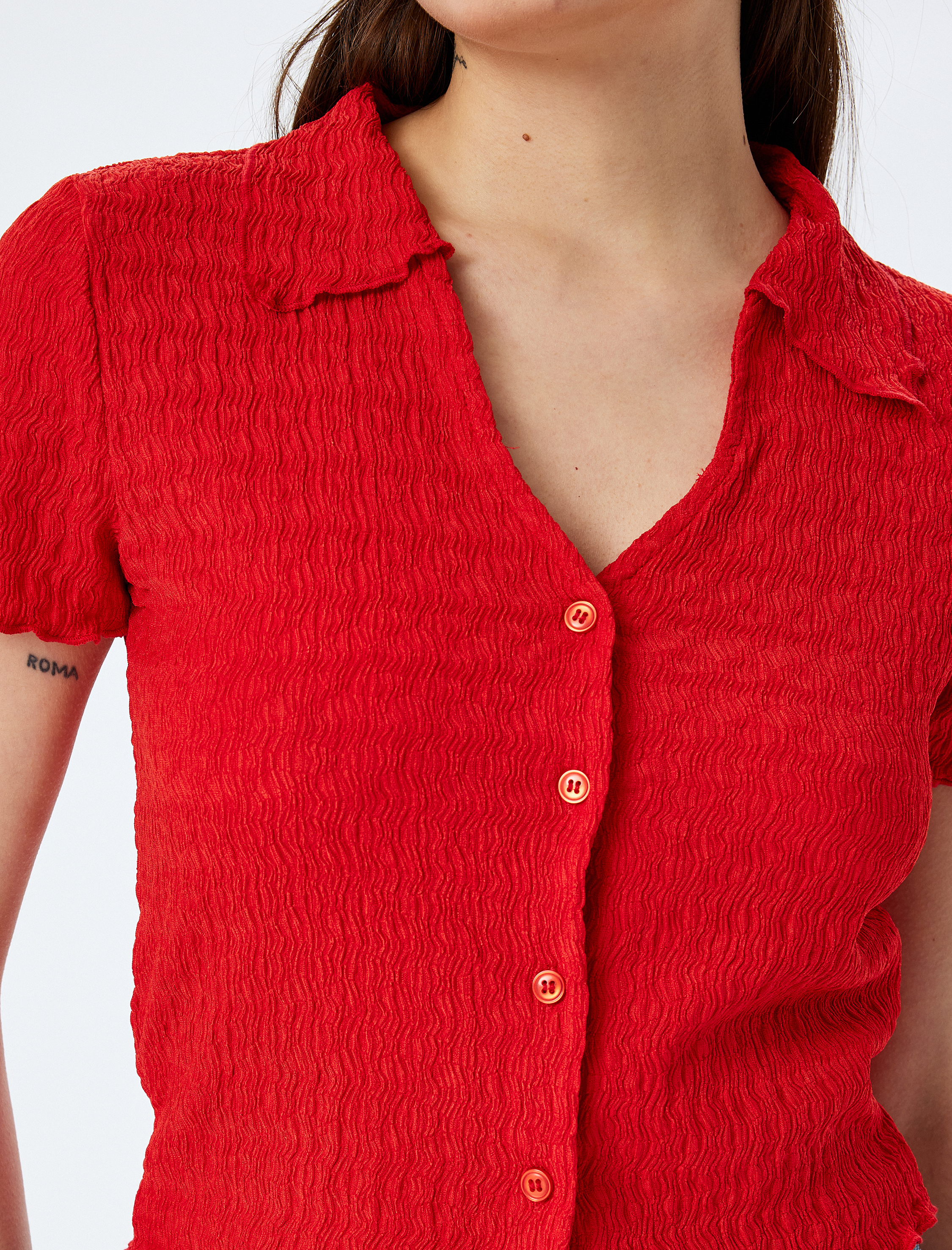   Düğmeli Gömlek Yaka Dokulu Kısa Kollu Bluz Bürümcük