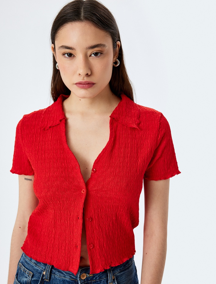  Düğmeli Gömlek Yaka Dokulu Kısa Kollu Bluz Bürümcük