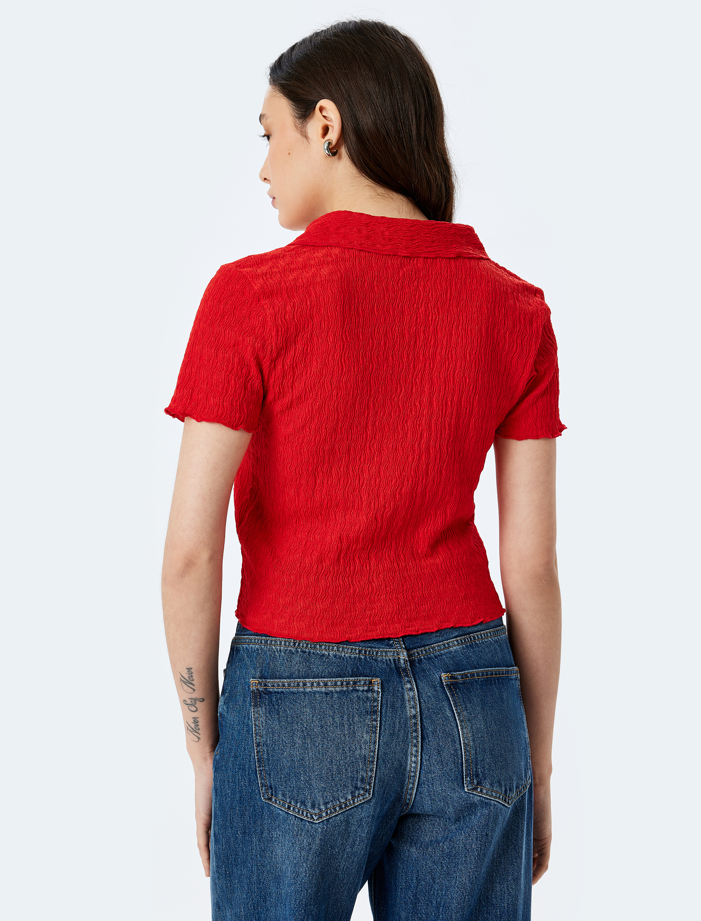   Düğmeli Gömlek Yaka Dokulu Kısa Kollu Bluz Bürümcük