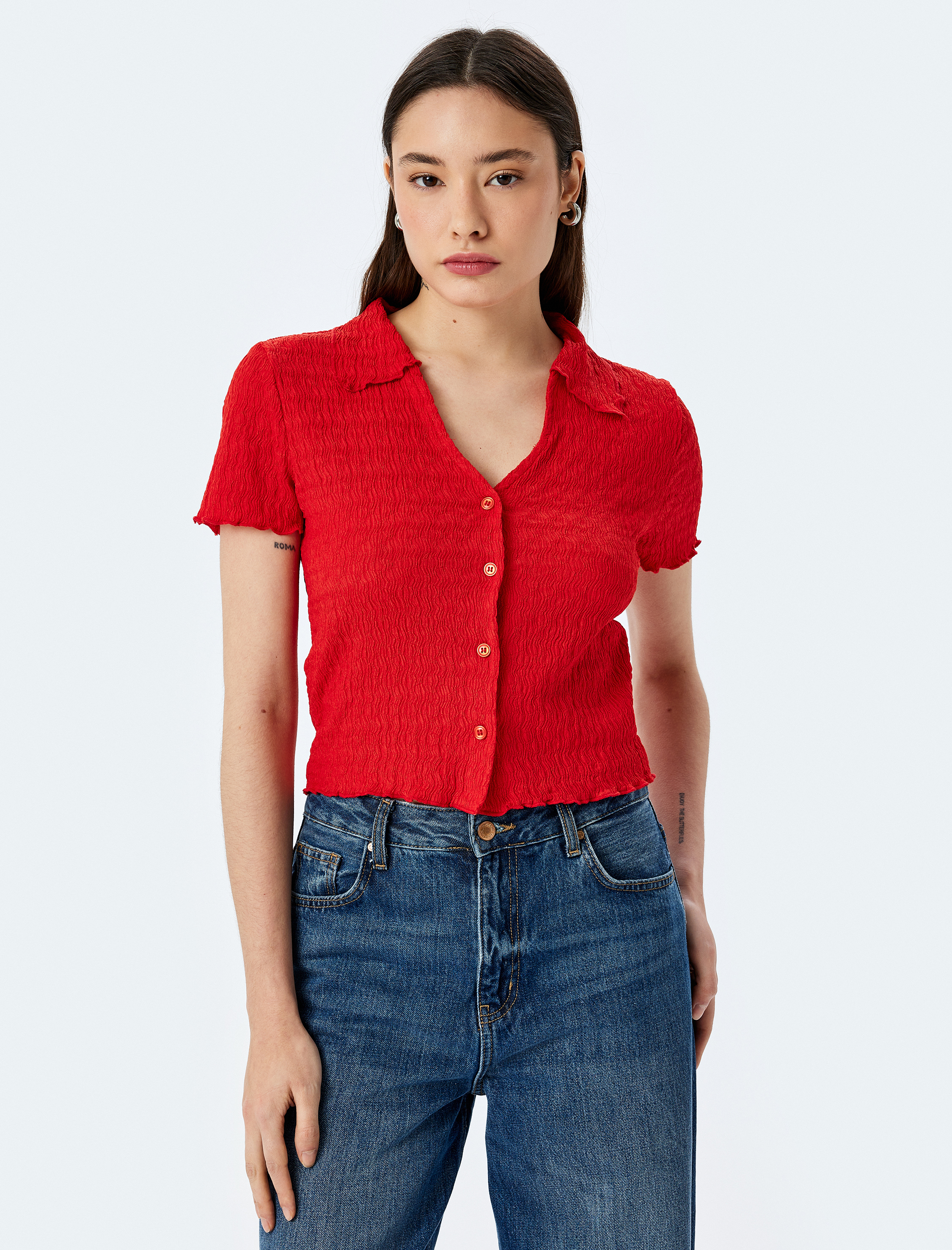   Düğmeli Gömlek Yaka Dokulu Kısa Kollu Bluz Bürümcük