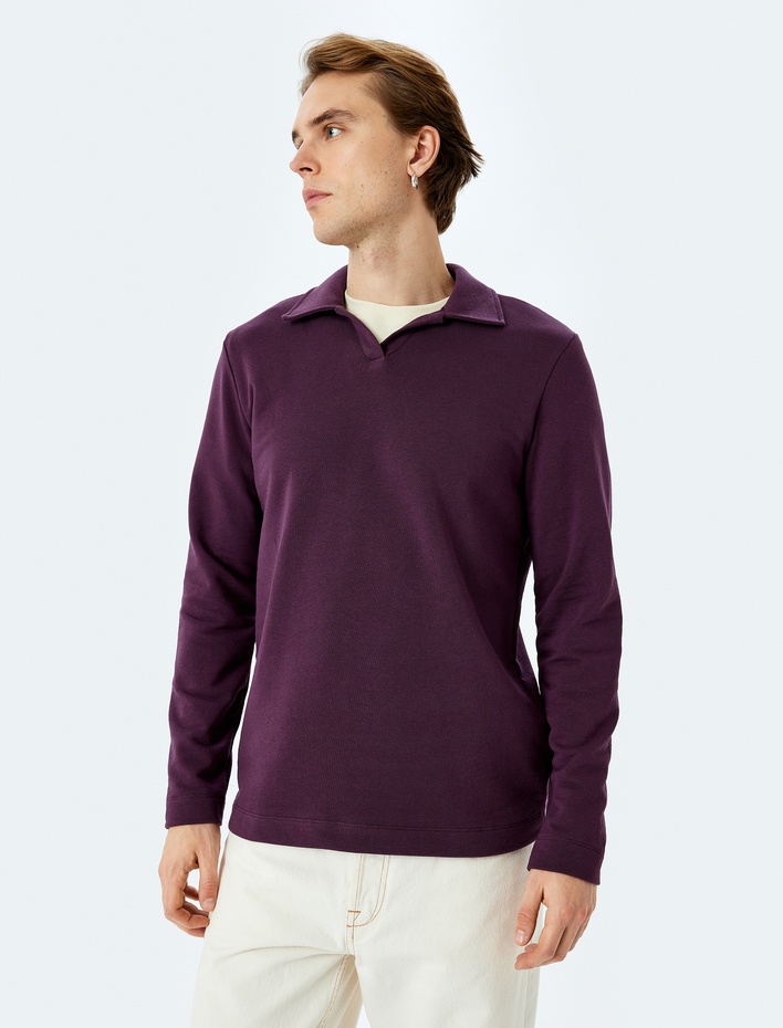  Uzun Kollu Pamuk Karışımlı Basic Polo Yaka Sweatshirt