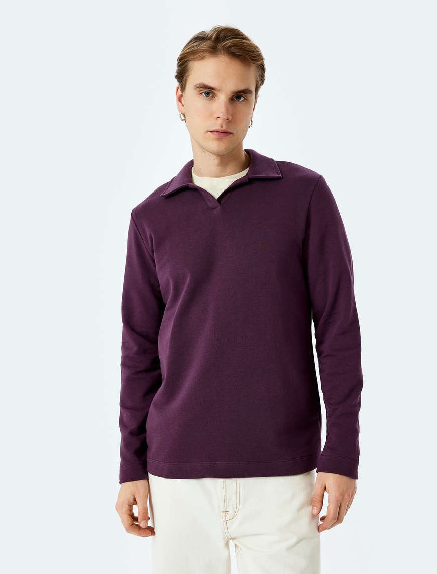   Uzun Kollu Pamuk Karışımlı Basic Polo Yaka Sweatshirt