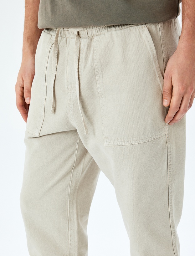 Pamuklu Chino Cepli Dikiş Detaylı Straight Fit Beli Bağcıklı Pantolon_4