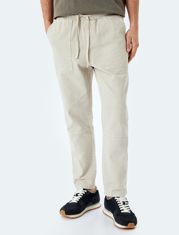 Pamuklu Chino Cepli Dikiş Detaylı Straight Fit Beli Bağcıklı Pantolon_2