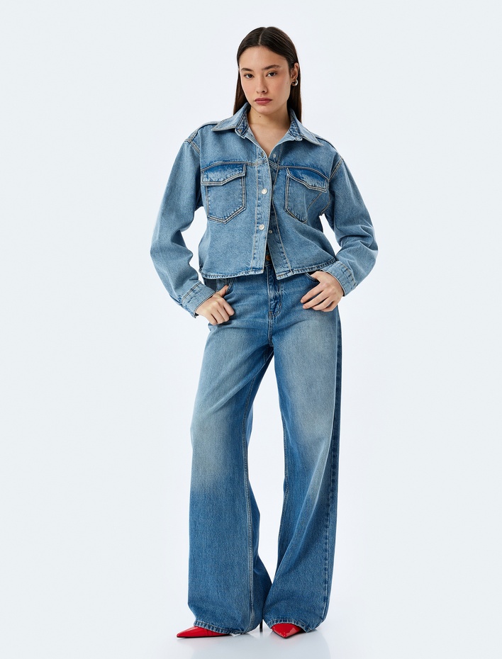  Cep Detaylı Klasik Yaka Düğmeli Denim Ceket